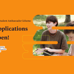 Orange graphic with text that reads "IES Student Ambassador Scheme Applications Open!" with IES logo left aligned and image of student right aligned