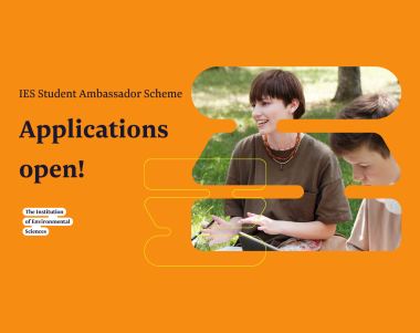 Orange graphic with text that reads "IES Student Ambassador Scheme Applications Open!" with IES logo left aligned and image of student right aligned